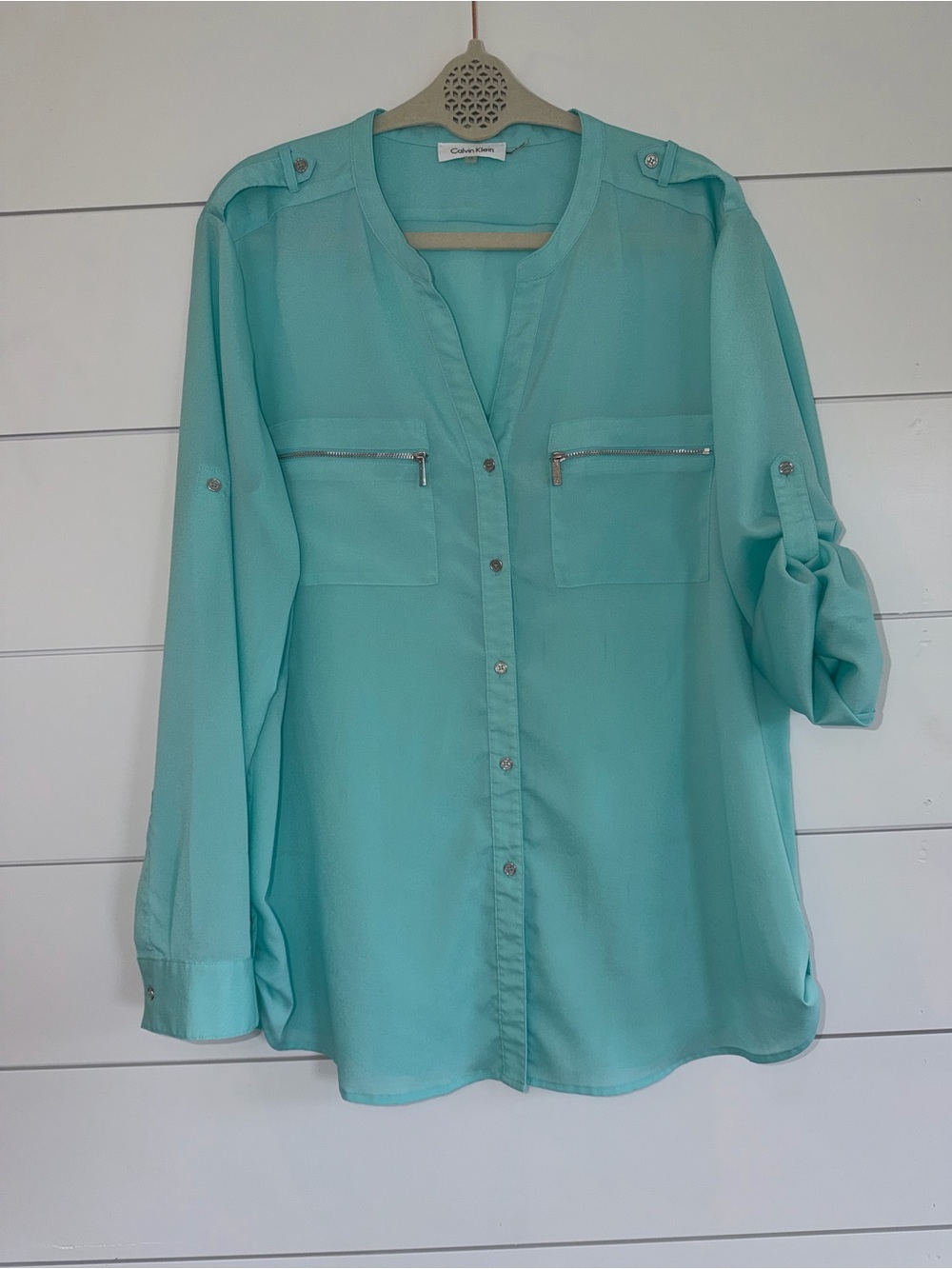Calvin Klein Utility Blouse XL Aqua Turquoise Roll Tab Zip Pocket Office Siren